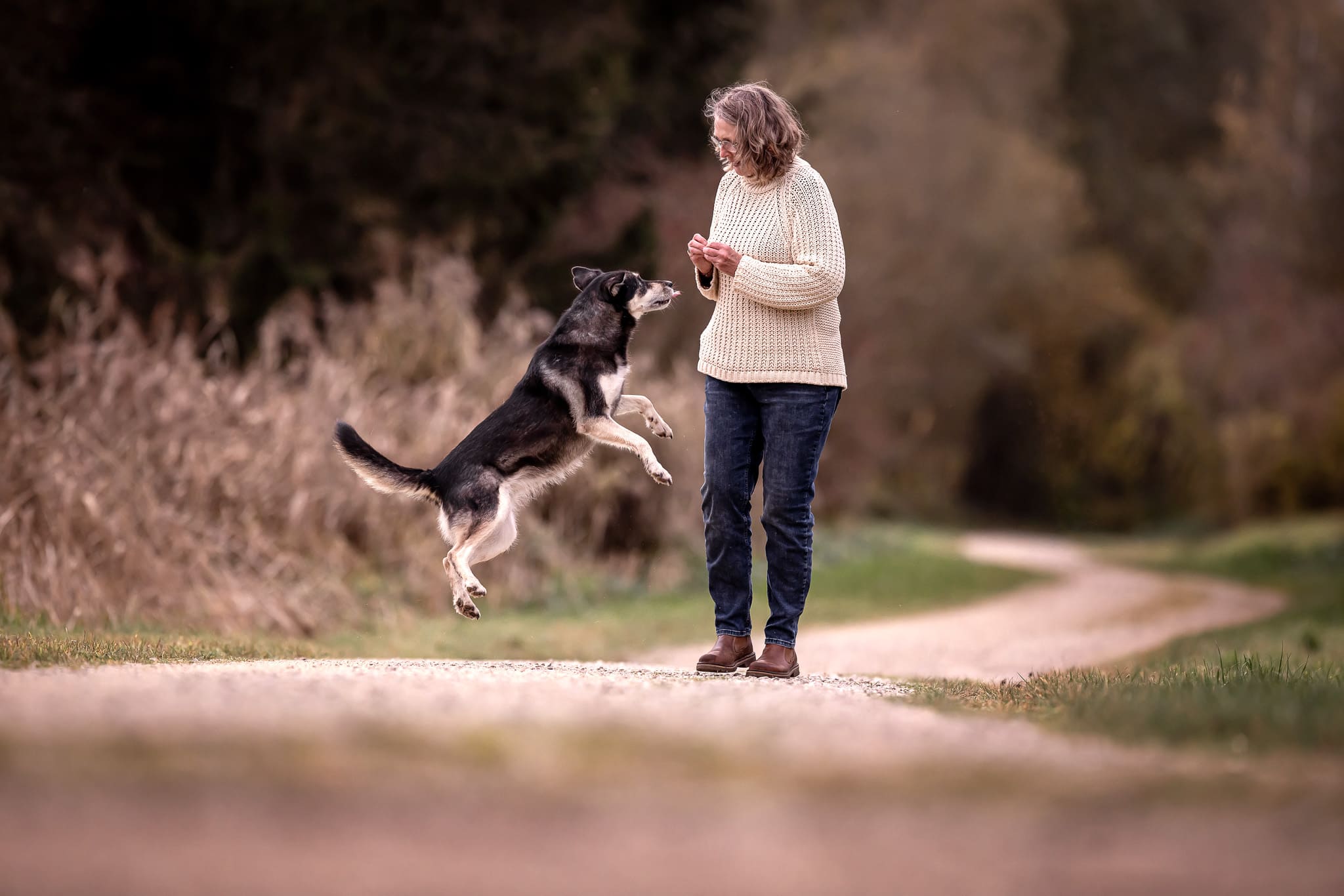 Fotoshooting mit deinem Hund. Eine Frau spielt mit ihrem Hund.